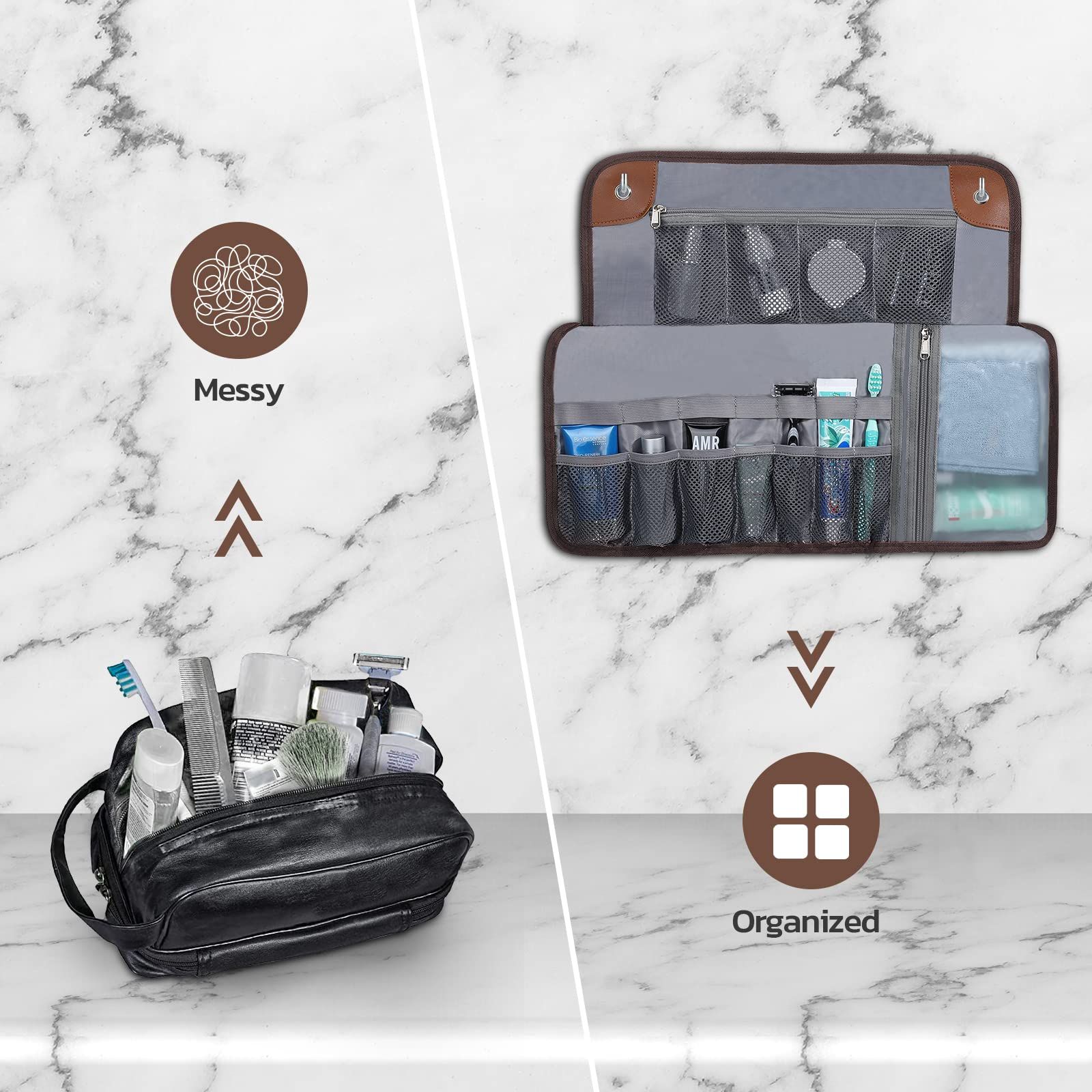 Toiletry Bag for Men, Travel Essentials Travel Toiletry Bag, Water-Resistant Compact Bathroom Roll Organizer for Hygiene, Shaving kit, Gifts for men (Chic Brown(PU Leather),oniy bag) - Image 4