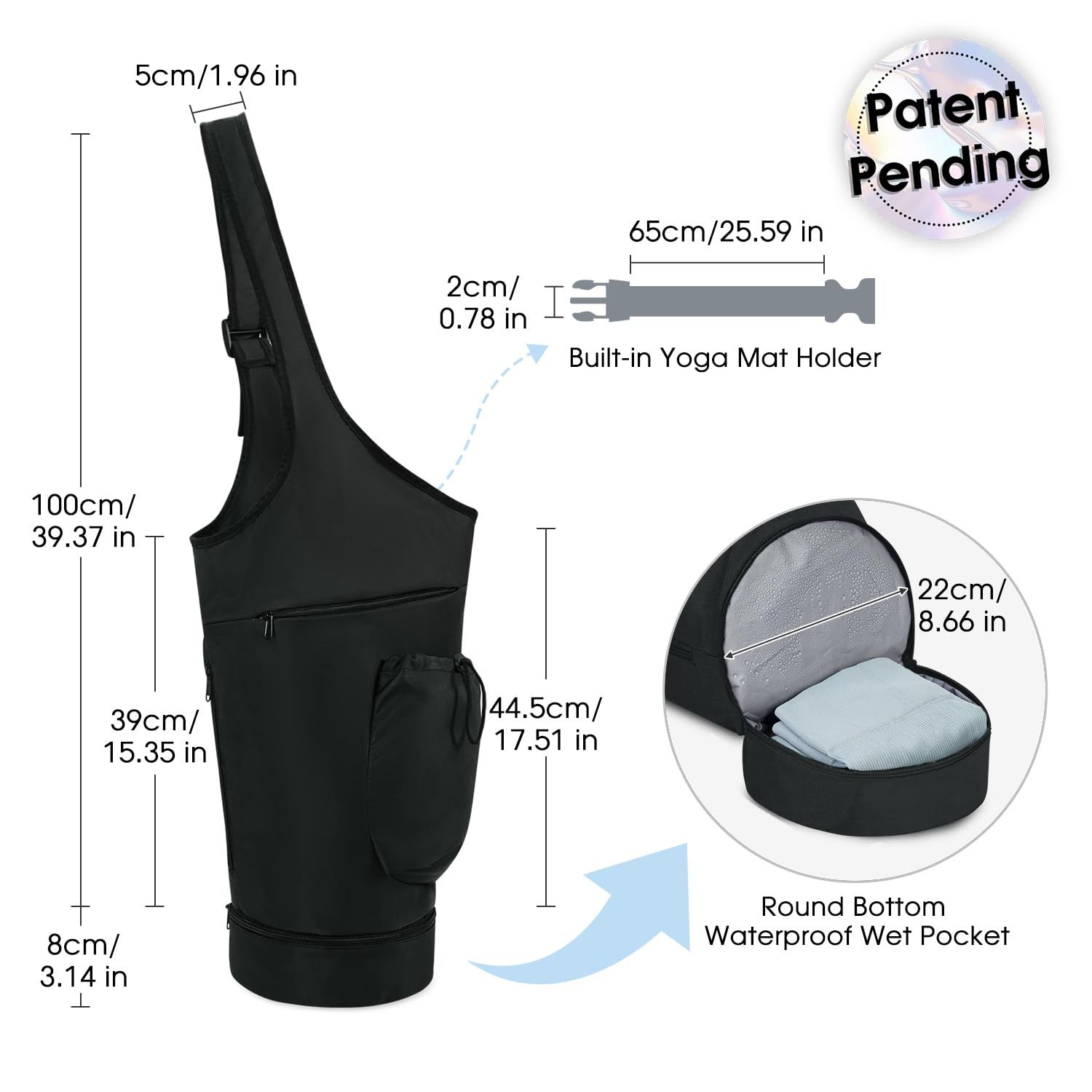 Yoga Mat Bag, Large Opening Long Tote Yoga Mat Carrier Holder Bag with Waterproof Wet Pocket and Drawstring Water Bottle Pocket, Adjustable Shoulder Strap Storage Bag（oniy bag） - Image 2