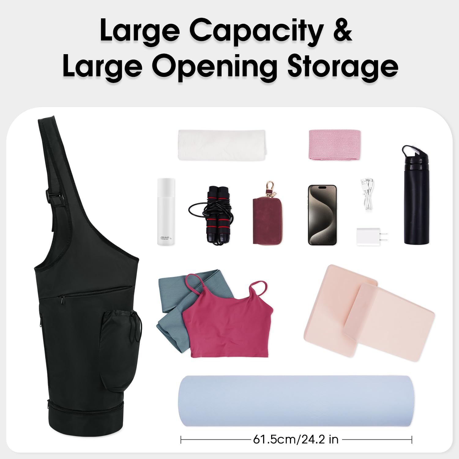 Yoga Mat Bag, Large Opening Long Tote Yoga Mat Carrier Holder Bag with Waterproof Wet Pocket and Drawstring Water Bottle Pocket, Adjustable Shoulder Strap Storage Bag（oniy bag） - Image 5