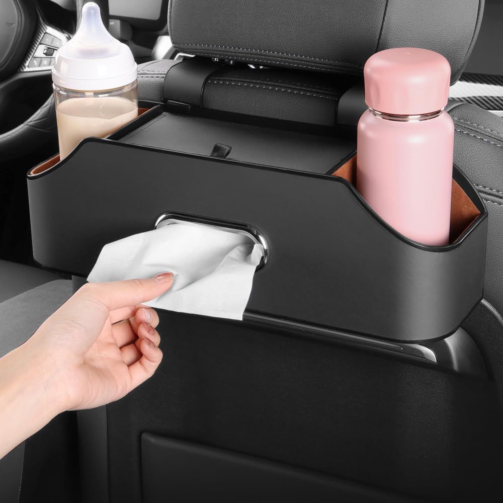 New car headrest Rear seat Multifunctional Storage Box, partition Design, with Cup Holder, Tissue Box, headrest Hook, Suitable for Children and Adults, car Travel Accessories (Black) - Image 3