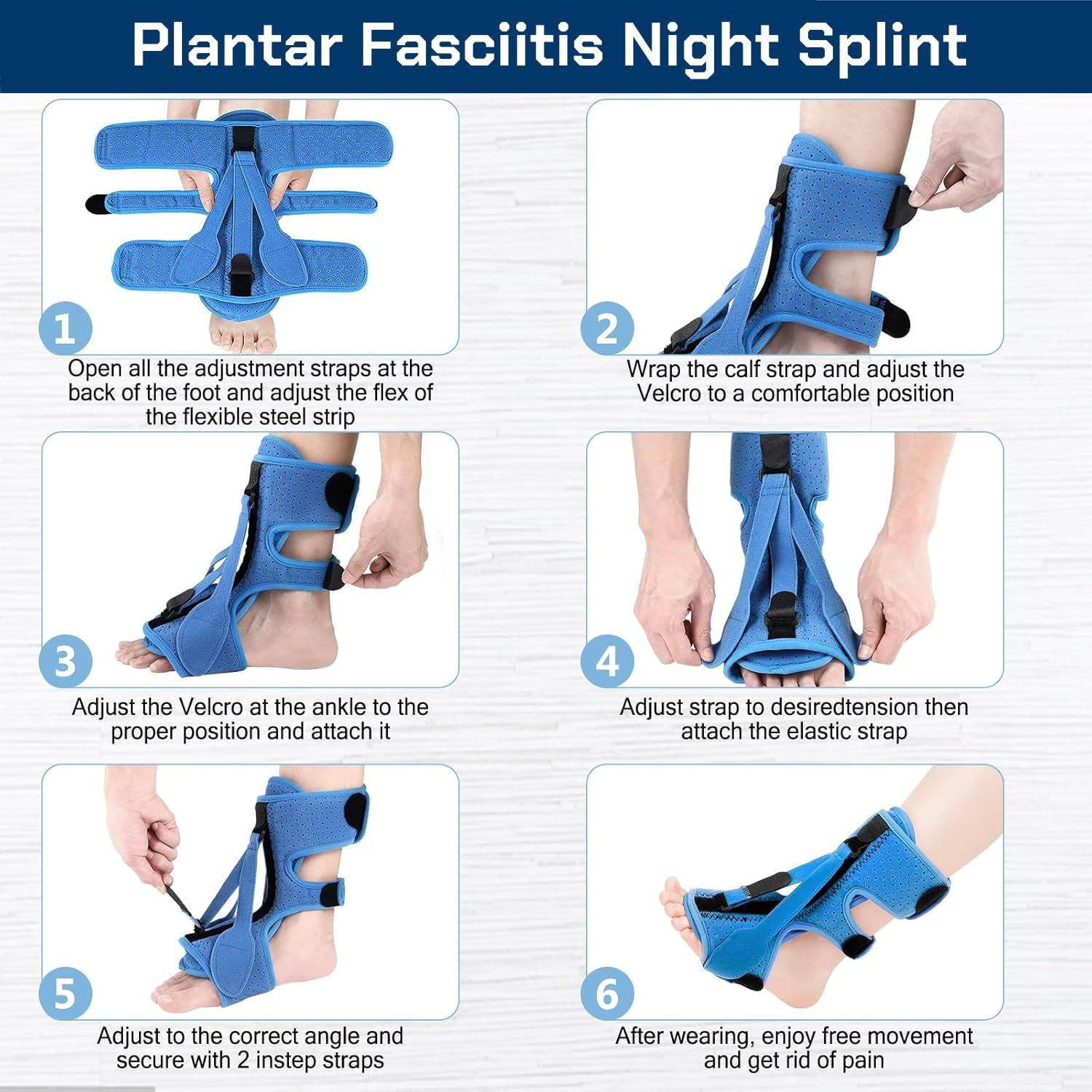 1 pcs Adjustable Night Splint for Plantar Fasciitis Relief – Foot Brace for Heel Pain, Achilles Tendinitis, and Planter Facetious – Comfortable Night Support for Women and Men (Blue) - Image 4