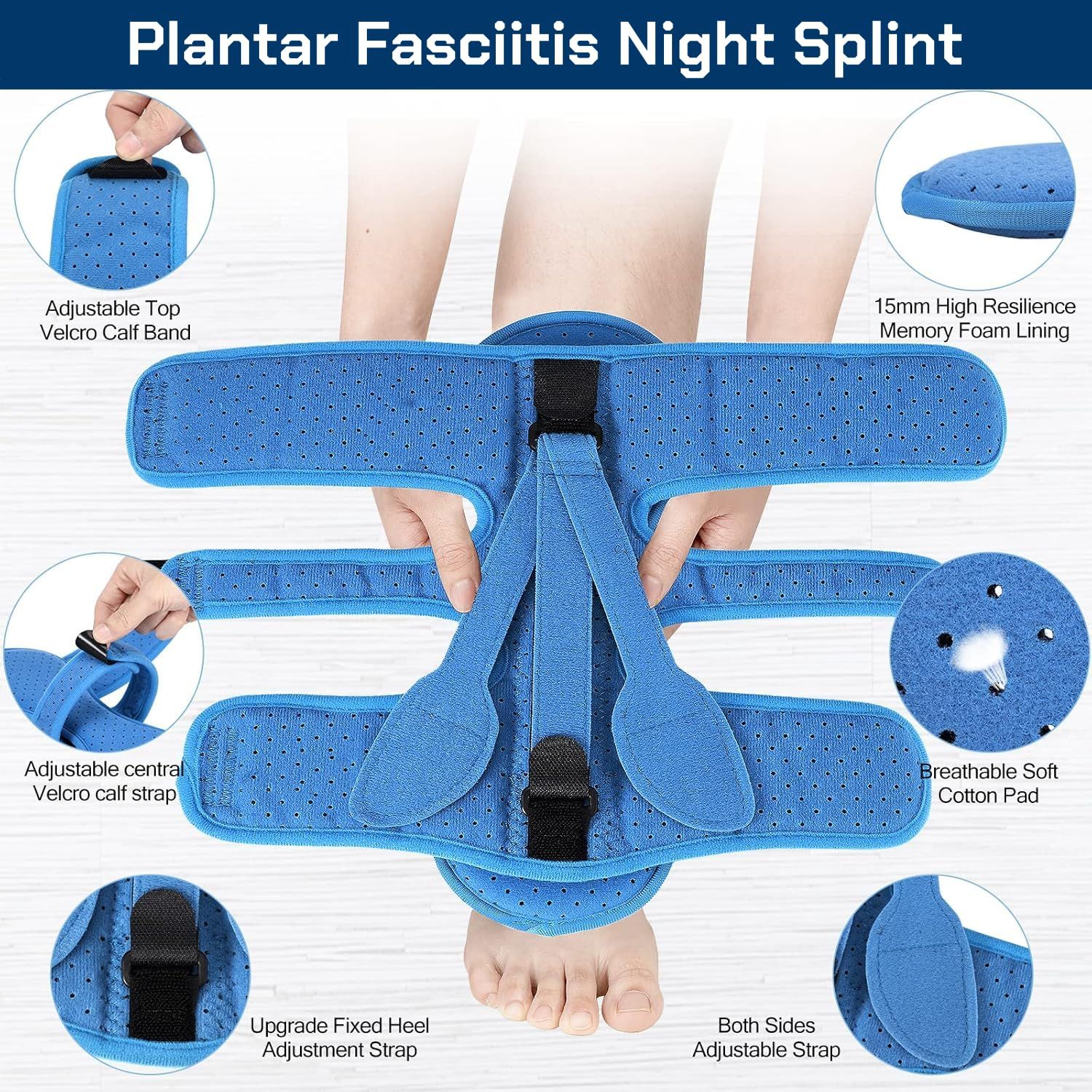 1 pcs Adjustable Night Splint for Plantar Fasciitis Relief – Foot Brace for Heel Pain, Achilles Tendinitis, and Planter Facetious – Comfortable Night Support for Women and Men (Blue) - Image 5
