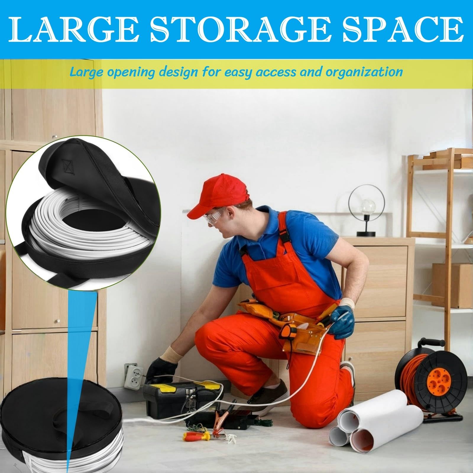 Round Cable Bag, Waterproof Jumper Cable Organizer Storage Bag, Perfect for Jumper Cables,RV Sewer Pipe,EV Charging Cord Storage,Extensions and Garden Hoses,Camper Accessories (Black,oniy bag) - Image 2