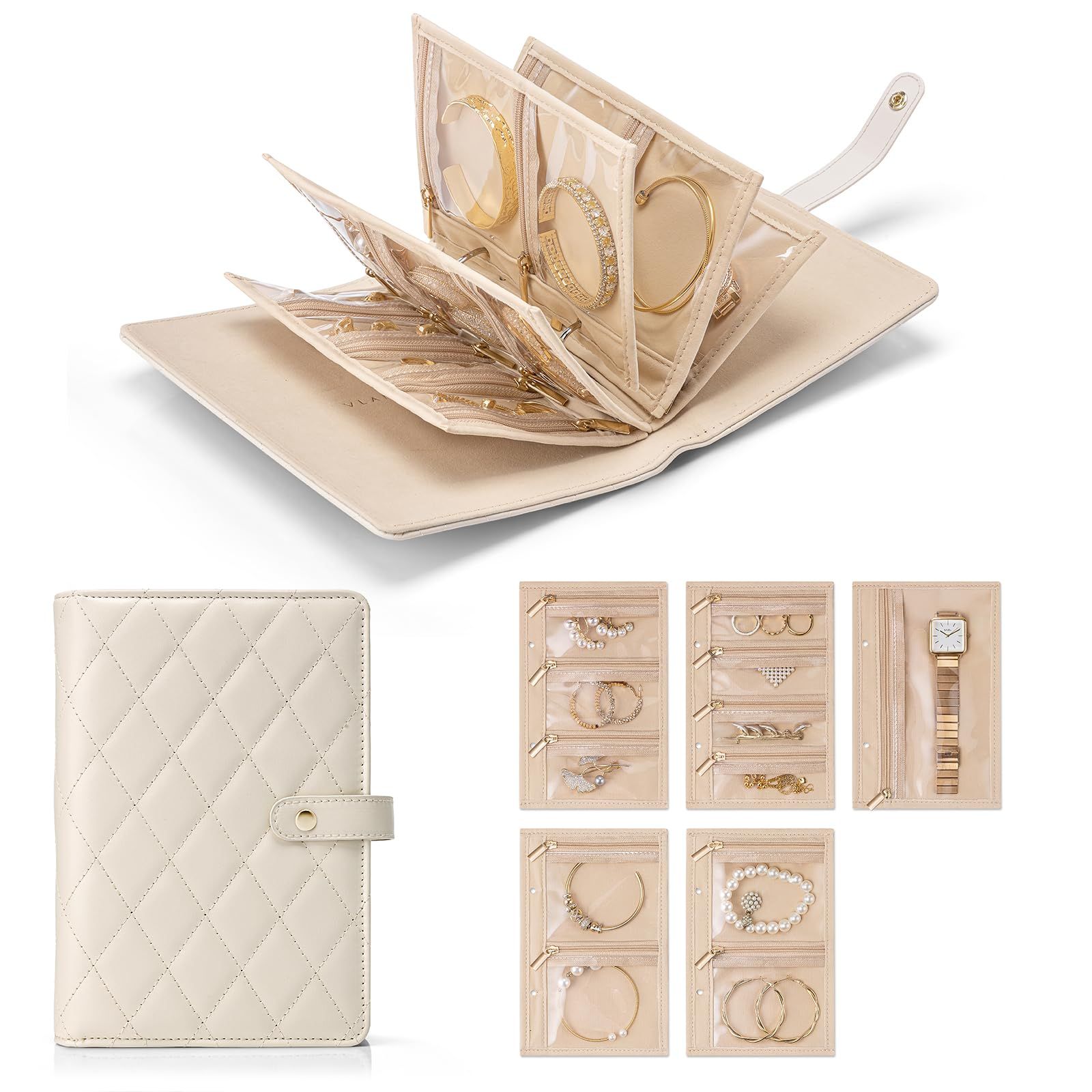 Travel Jewelry Organizer Case,Jewelry Storage Book Ring Binder with Clear Zipper Jewelry Pouches Bags for Rings, Necklace, Earrings-Cream White（oniy bag） - Image 2