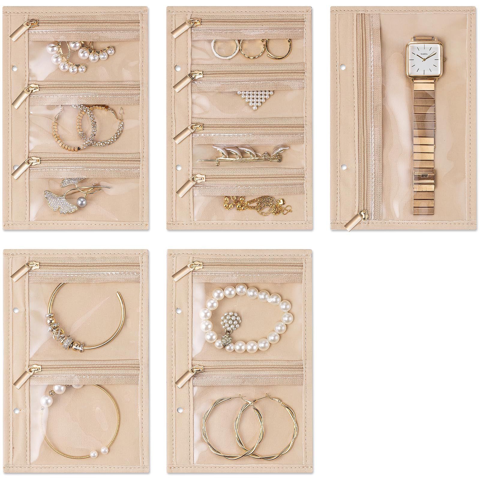 Travel Jewelry Organizer Case,Jewelry Storage Book Ring Binder with Clear Zipper Jewelry Pouches Bags for Rings, Necklace, Earrings-Cream White（oniy bag） - Image 5