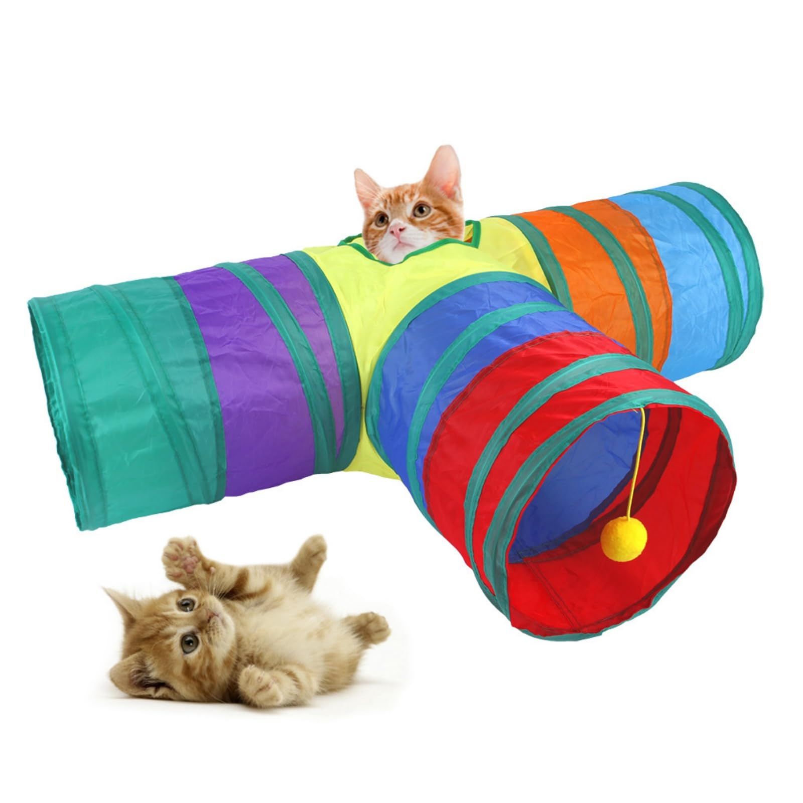 Rainbow Cats Tunnels with Interactive Ball Indoors Kitty Play Tunnel for Indoor Outdoor, Cat Tunnel Large Cat Toy Kitten Kitty Rabbt (3 Way) - Image 2