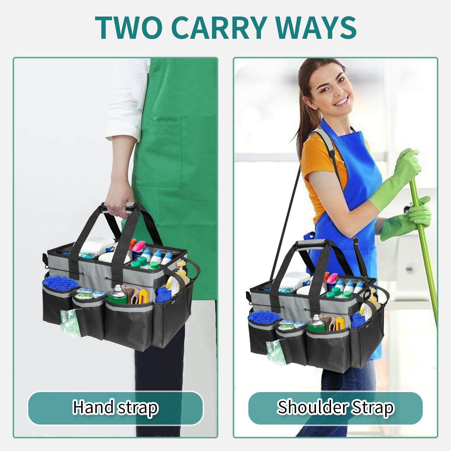 Wearable Cleaning Caddy, Cleaning Caddy Supplies Organizer with Handle & Shoulder Straps for Housekeepers, Under Sink & Car Cleaning Tool Organizers Bag with 4 Foldable Divider (MediumGrey) - Image 5
