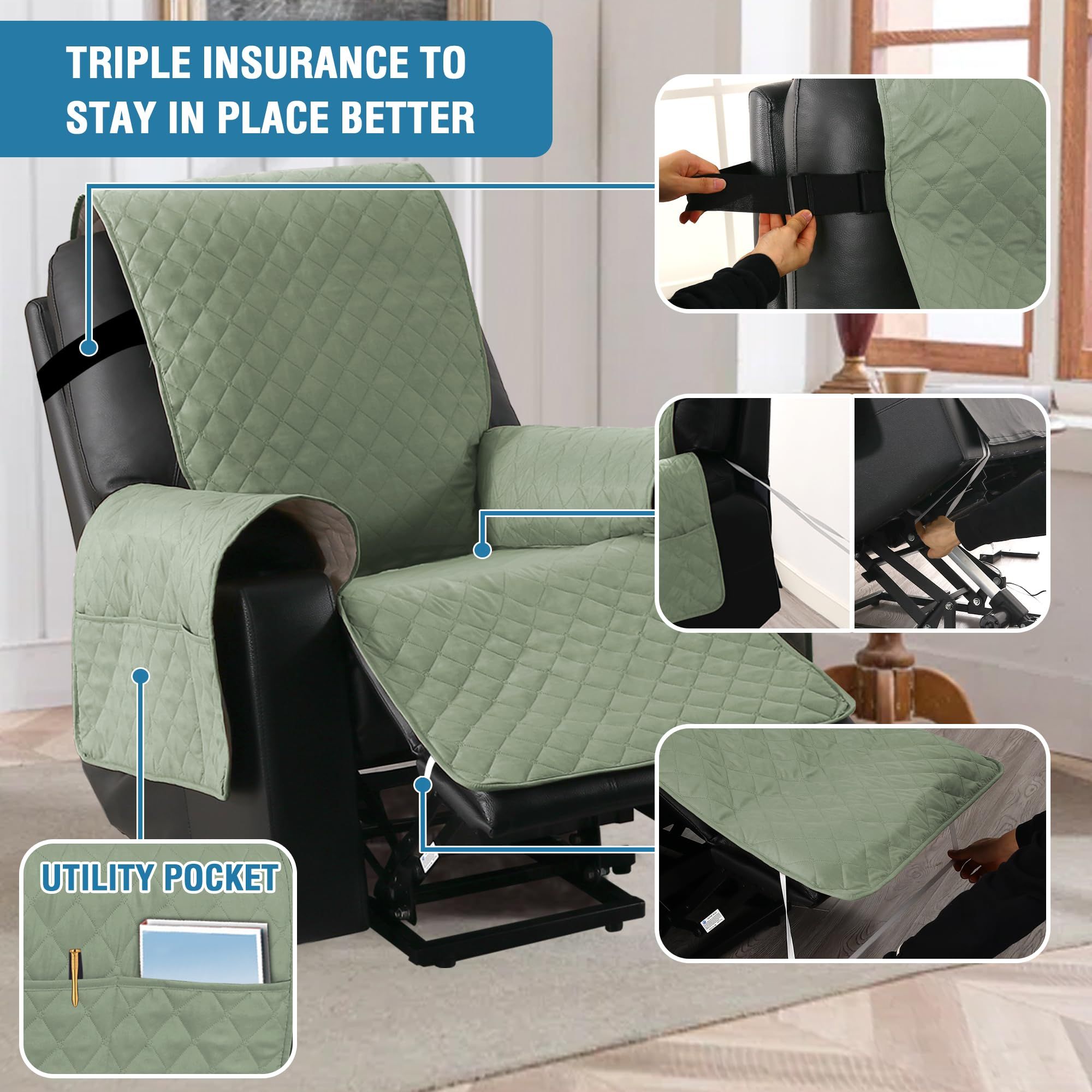 Electric Power Lift Recliner Covers for Reclining Chair Cover Waterproof Non Slip Recliner Slipcovers Seat Washable Recliner Chair Cover with Side Pocket - Image 2