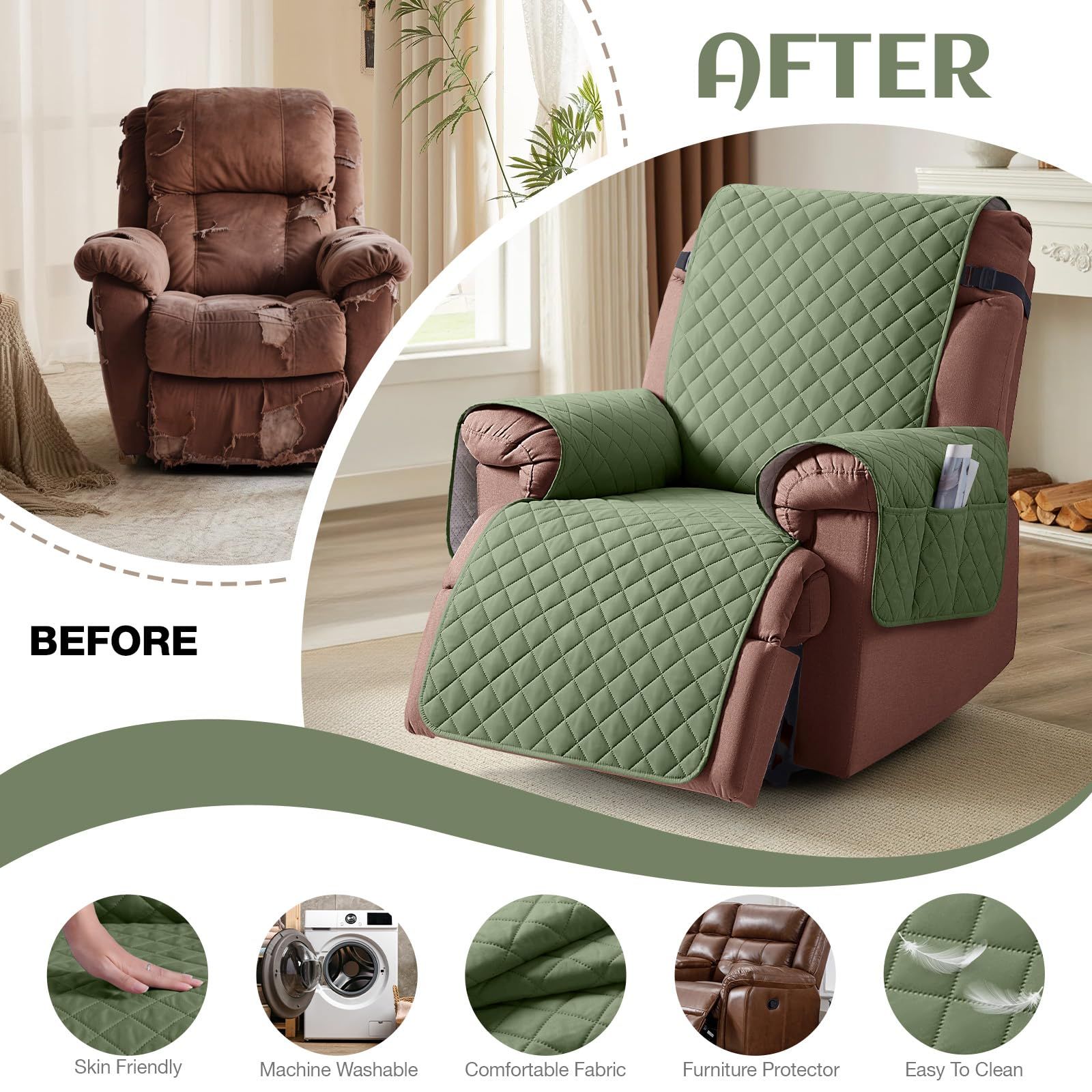 Electric Power Lift Recliner Covers for Reclining Chair Cover Waterproof Non Slip Recliner Slipcovers Seat Washable Recliner Chair Cover with Side Pocket - Image 4