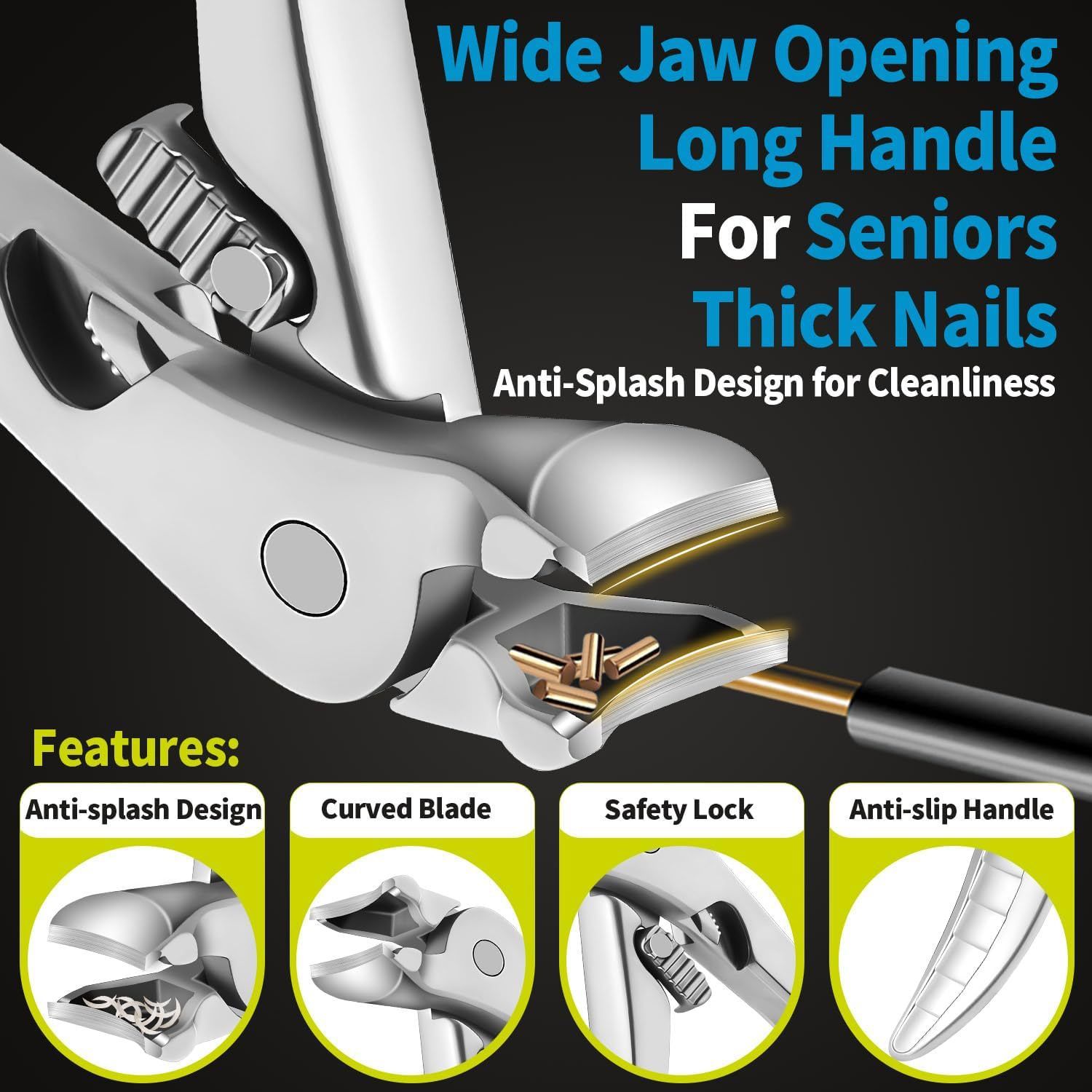Ergonomic Nail Clipper for Seniors - Toenail Clipper for Thick Toenails and Fingernails, Long Handle Nail Clippers with Catcher, Precision Nail Trimmer for Men and Women - Silver - Image 3