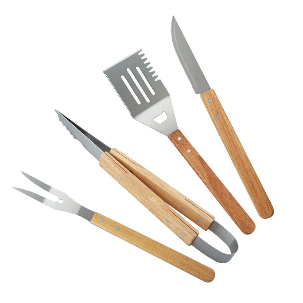Wooded BBQ Accessories Grilling Tools,Stainless Steel BBQ Tools Grill Tools Set for Cooking, Backyard Barbecue & Outdoor Camping Gift for Man Dad Women Barbecue Enthusiasts Set of 4 - Image 1