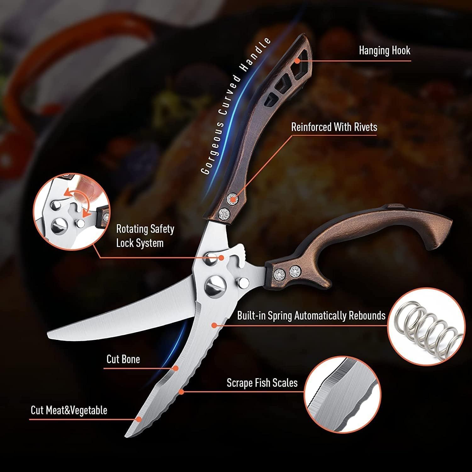 Poultry Shears, Heavy Duty Kitchen Shears with Serrated Edge, Multipurpose Stainless Steel Kitchen Scissors for Chicken, Bone, Meat, Turkey, Fish Thanksgiving Christmas Gifts - Image 4