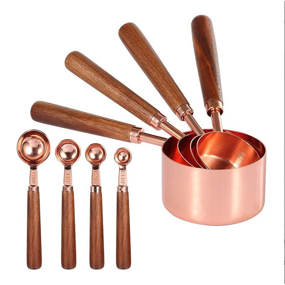 Copper Stainless Steel Measuring Cups and Spoons Set of 8, Wooden Handle Metric Cups and Spoons for cooking and baking - Image 1