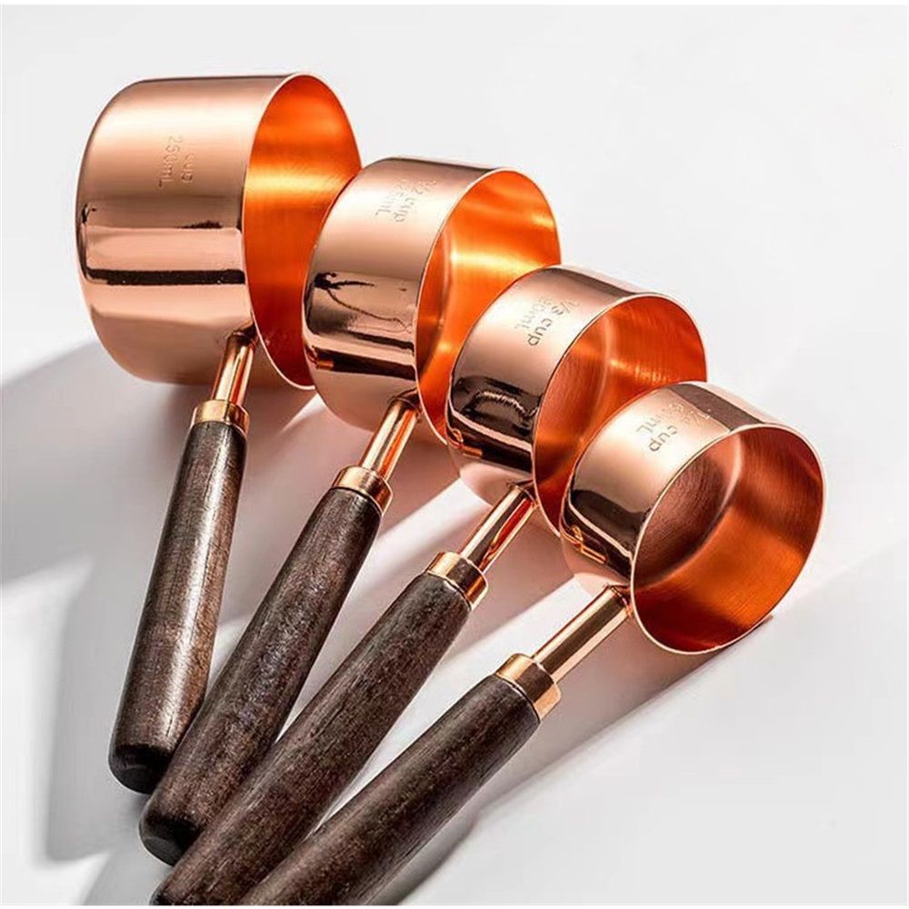 Copper Stainless Steel Measuring Cups and Spoons Set of 8, Wooden Handle Metric Cups and Spoons for cooking and baking - Image 2
