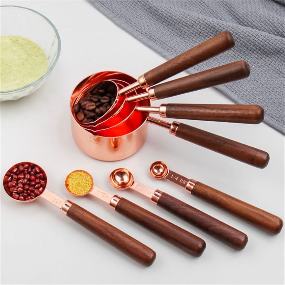 Copper Stainless Steel Measuring Cups and Spoons Set of 8, Wooden Handle Metric Cups and Spoons for cooking and baking - Image 3