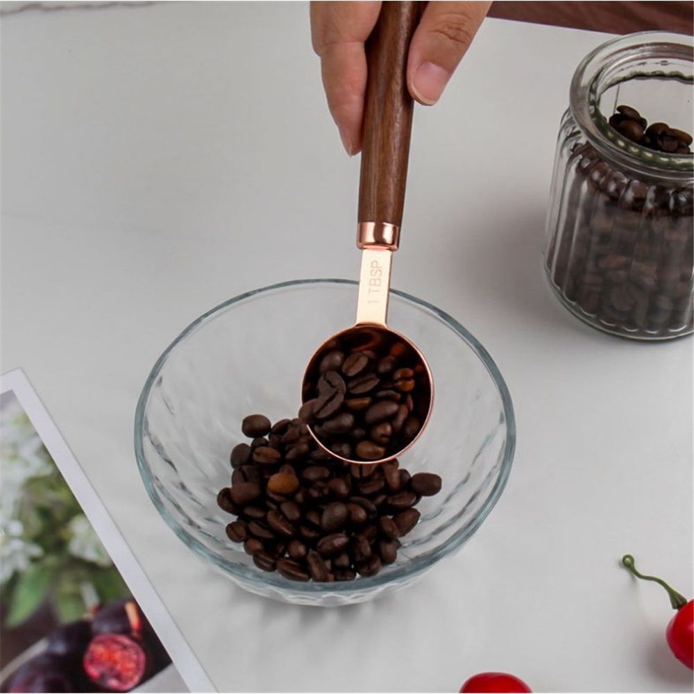 Copper Stainless Steel Measuring Cups and Spoons Set of 8, Wooden Handle Metric Cups and Spoons for cooking and baking - Image 4