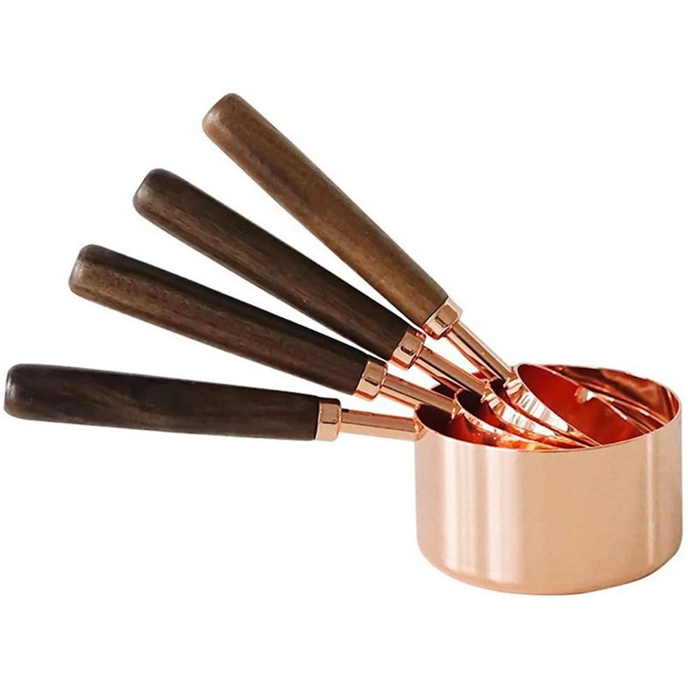 Copper Stainless Steel Measuring Cups and Spoons Set of 8, Wooden Handle Metric Cups and Spoons for cooking and baking - Image 5
