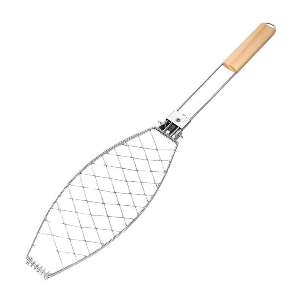 Stainless Steel BBQ Fish Basket, Large, Silver  Large Fish Grilling Rack for Grill Fish Vegetables Shrimp, Folding Stainless Steel Grill Basket with Removable Wooden Handle - Image 1