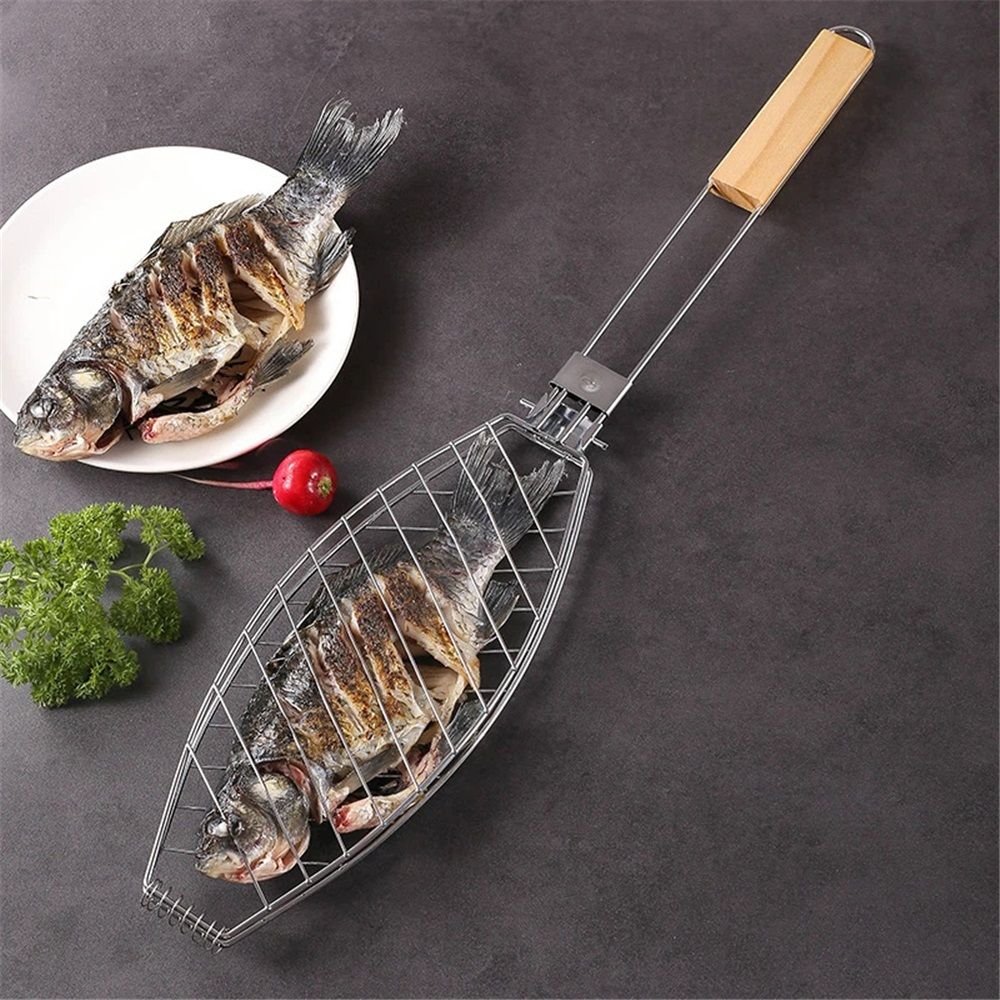 Stainless Steel BBQ Fish Basket, Large, Silver  Large Fish Grilling Rack for Grill Fish Vegetables Shrimp, Folding Stainless Steel Grill Basket with Removable Wooden Handle - Image 2