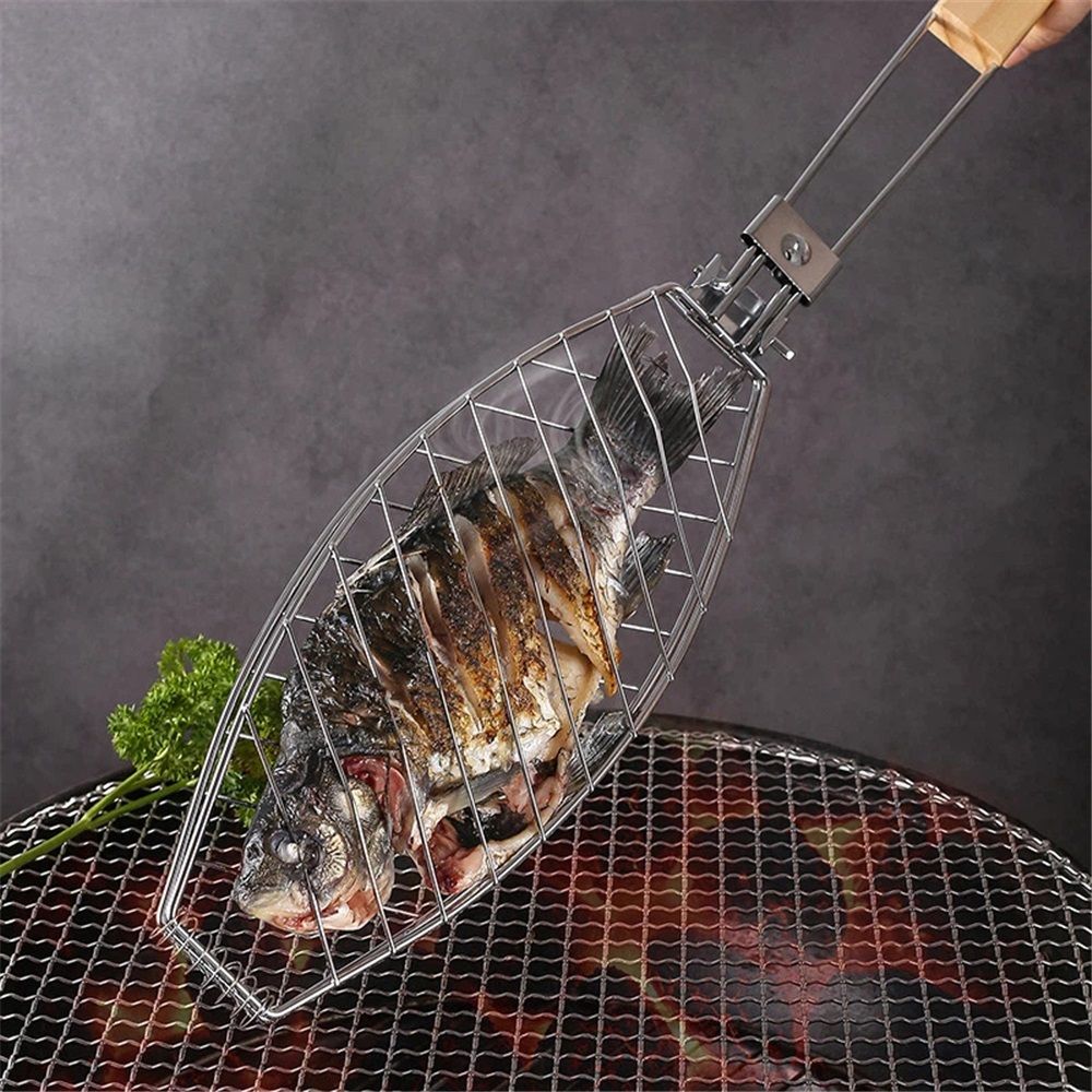 Stainless Steel BBQ Fish Basket, Large, Silver  Large Fish Grilling Rack for Grill Fish Vegetables Shrimp, Folding Stainless Steel Grill Basket with Removable Wooden Handle - Image 3