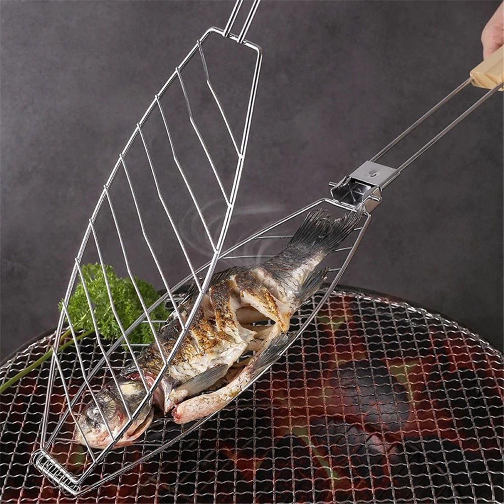 Stainless Steel BBQ Fish Basket, Large, Silver  Large Fish Grilling Rack for Grill Fish Vegetables Shrimp, Folding Stainless Steel Grill Basket with Removable Wooden Handle - Image 4