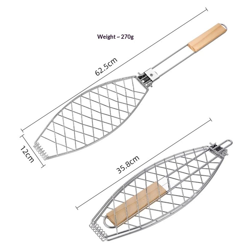 Stainless Steel BBQ Fish Basket, Large, Silver  Large Fish Grilling Rack for Grill Fish Vegetables Shrimp, Folding Stainless Steel Grill Basket with Removable Wooden Handle - Image 5