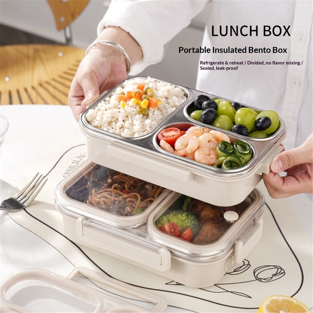 Stainless Steel Lunch Box for Kids & Adults  Leakproof 3 Compartment Metal Lunch Container - 18/8 Stainless Steel Bento Box - Ideal for School, Office & Outdoor - Dishwasher Safe (Cream) - Image 2
