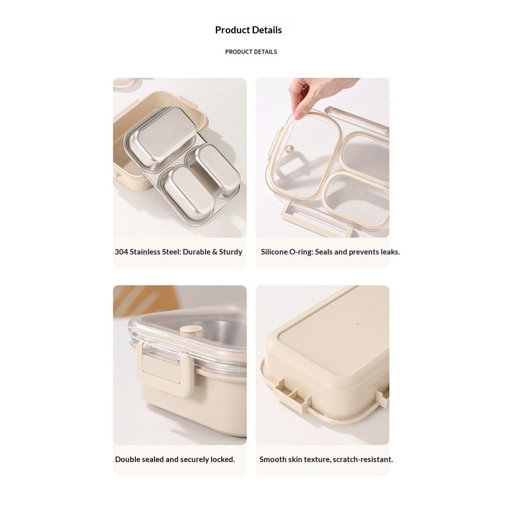 Stainless Steel Lunch Box for Kids & Adults  Leakproof 3 Compartment Metal Lunch Container - 18/8 Stainless Steel Bento Box - Ideal for School, Office & Outdoor - Dishwasher Safe (Cream) - Image 3