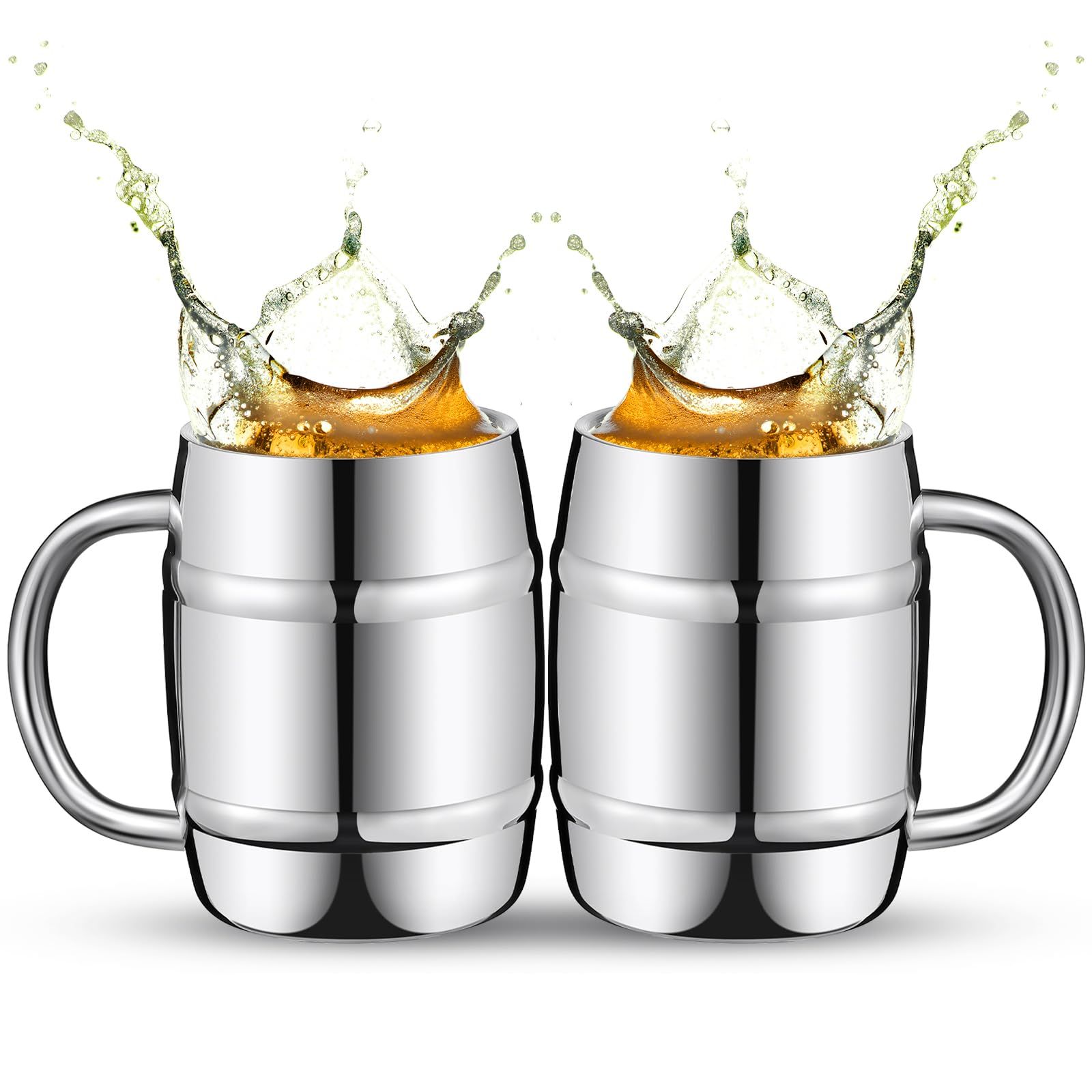 2 Pcs 304 Stainless Steel Barrels Mugs 16 oz Double Wall Coffee Cup Beer Cup with Handle for Party Travel Tumbler Tea Insulated Cold Hot Drinks - Image 1