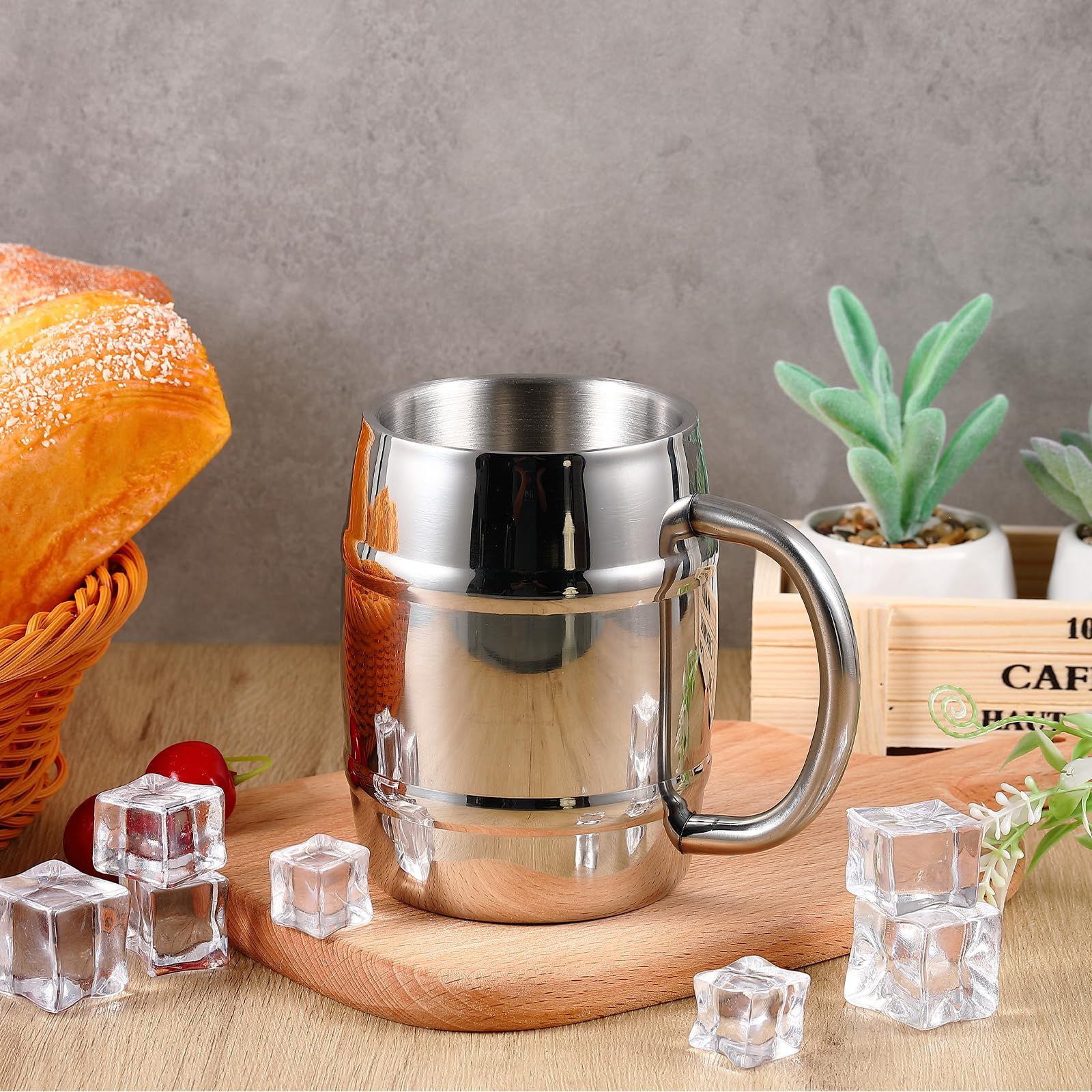 2 Pcs 304 Stainless Steel Barrels Mugs 16 oz Double Wall Coffee Cup Beer Cup with Handle for Party Travel Tumbler Tea Insulated Cold Hot Drinks - Image 2