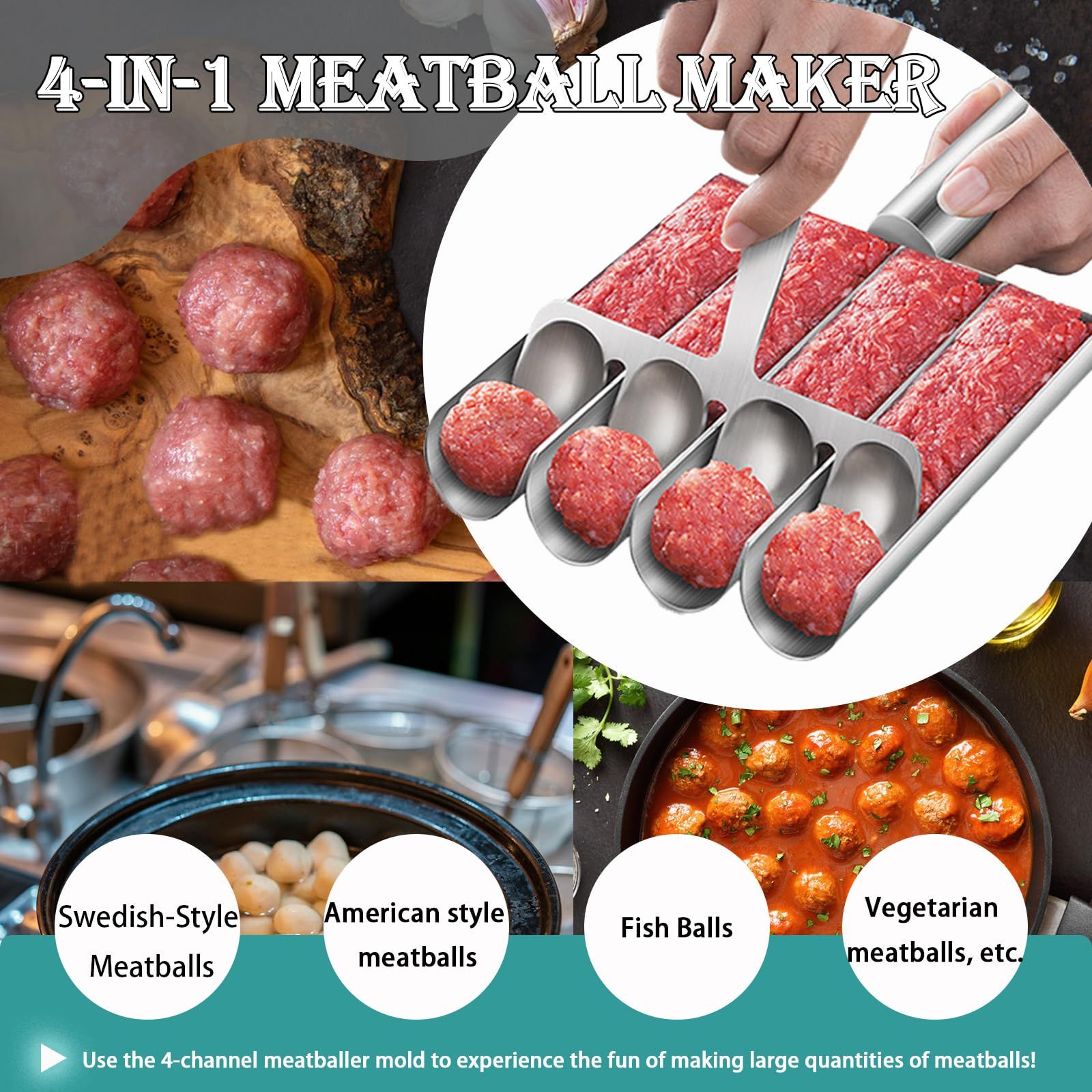 Meatball Maker Tool, 304 Stainless Steel Kitchen Manual Non Stick Meatball Maker, Portable Meatball Spoon Ball Maker Kitchen Restaurant Must Have Meatball Making Set，Home Cooking Tools (4-channel) - Image 3