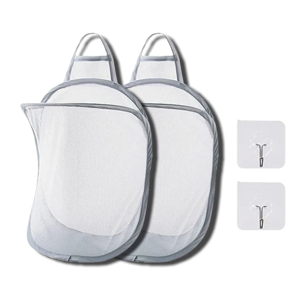 Mesh Collapsible Small Wall Laundry Baskets，Hanging Laundry Hamper，for Hotel, University Dormitory Use  (Two gray ones including adhesive hooks) - Image 1