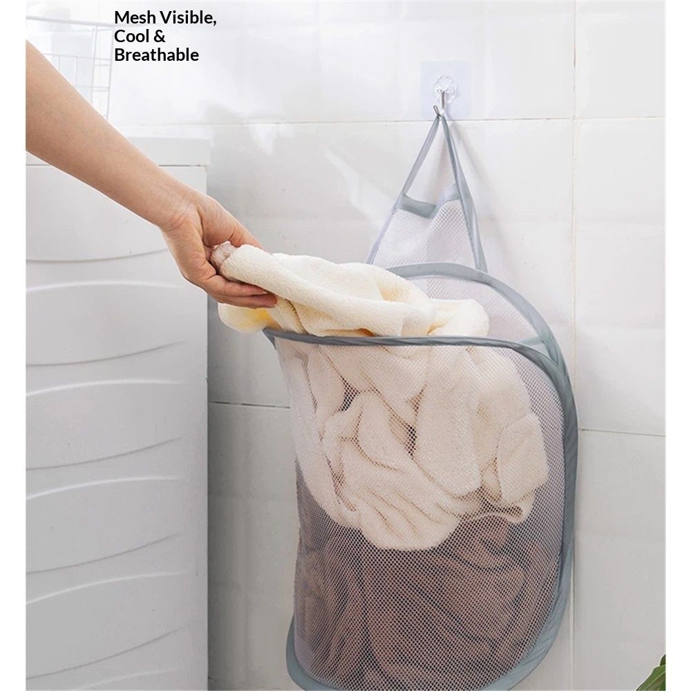 Mesh Collapsible Small Wall Laundry Baskets，Hanging Laundry Hamper，for Hotel, University Dormitory Use  (Two gray ones including adhesive hooks) - Image 2