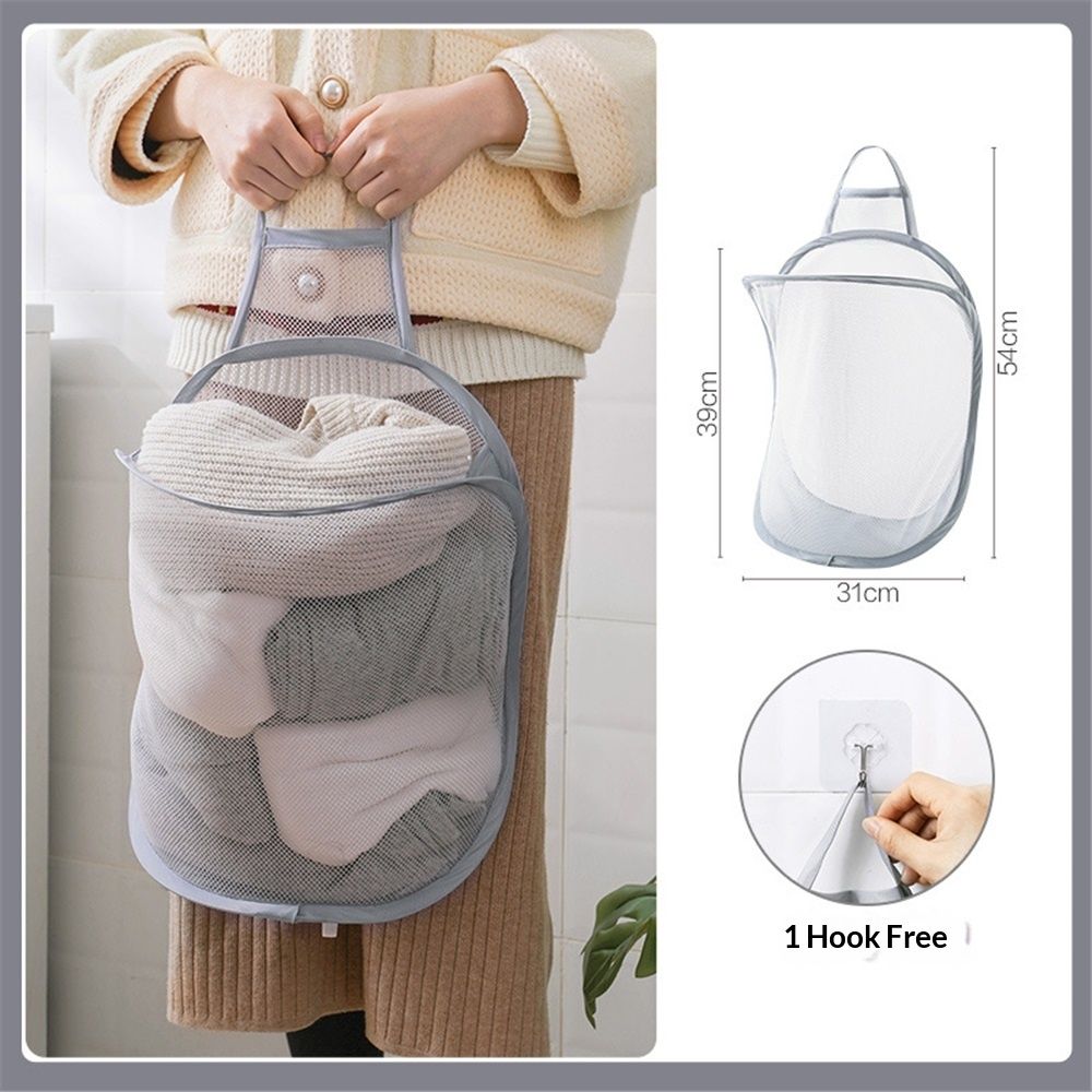 Mesh Collapsible Small Wall Laundry Baskets，Hanging Laundry Hamper，for Hotel, University Dormitory Use  (Two gray ones including adhesive hooks) - Image 5
