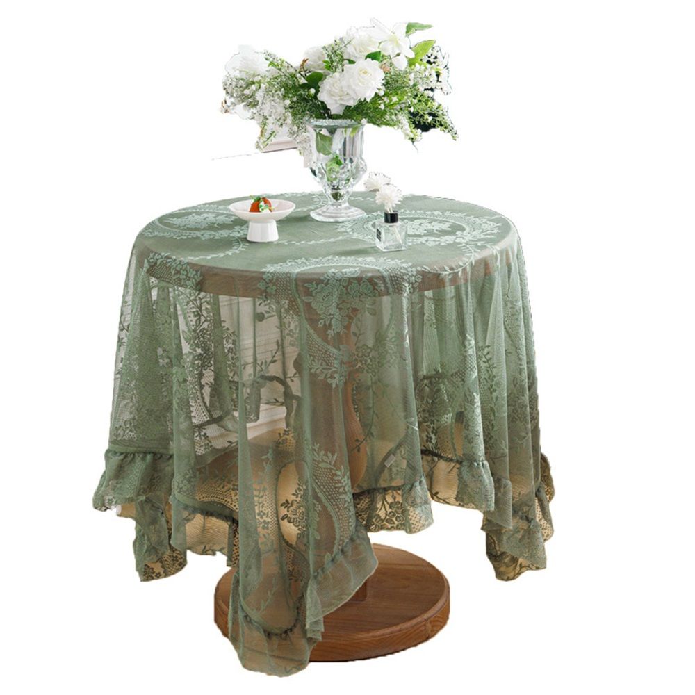 Green lace square flower tablecloth, chic and elegant covered pleated tablecloth, embroidered tablecloth protector 140*140cm - Image 1