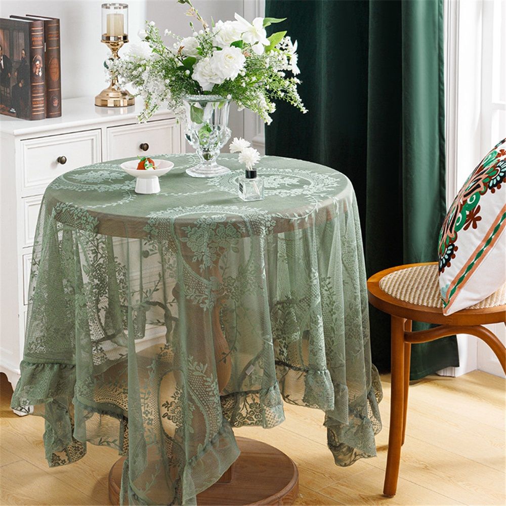 Green lace square flower tablecloth, chic and elegant covered pleated tablecloth, embroidered tablecloth protector 140*140cm - Image 2