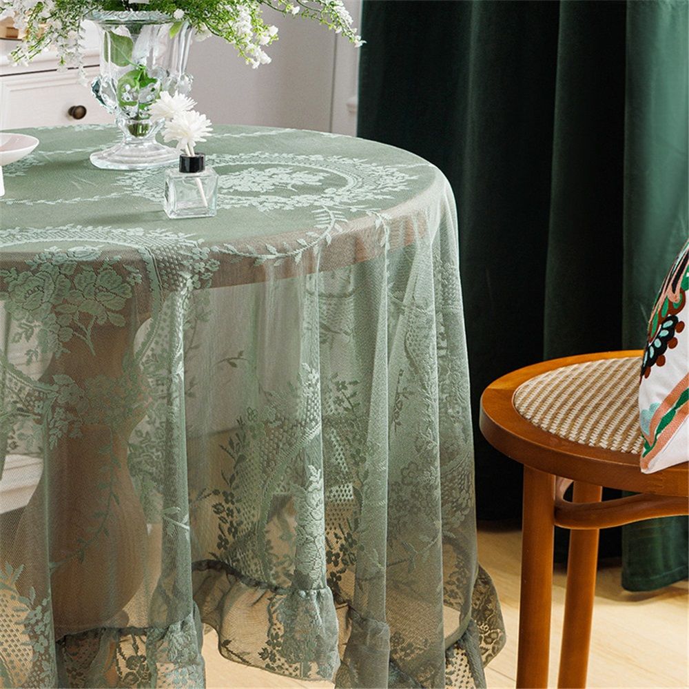 Green lace square flower tablecloth, chic and elegant covered pleated tablecloth, embroidered tablecloth protector 140*140cm - Image 4