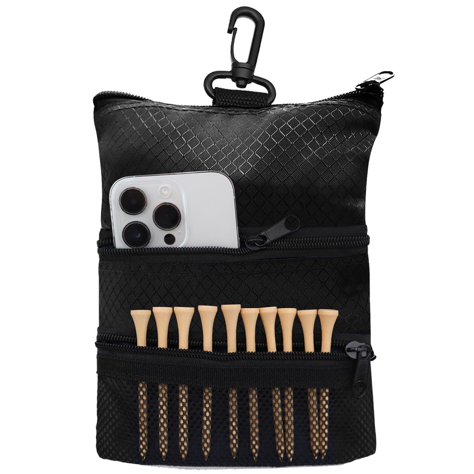 Golf Bag Accessories Valuables Pouch Bags Multi Pocket Zipper Hook  for Men Women Zipper pocket, gear clip（black） - Image 2