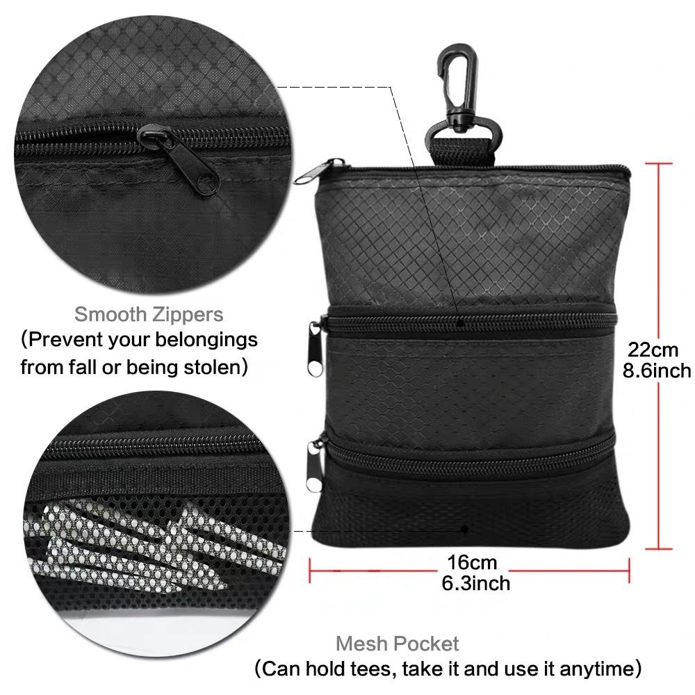 Golf Bag Accessories Valuables Pouch Bags Multi Pocket Zipper Hook  for Men Women Zipper pocket, gear clip（black） - Image 5