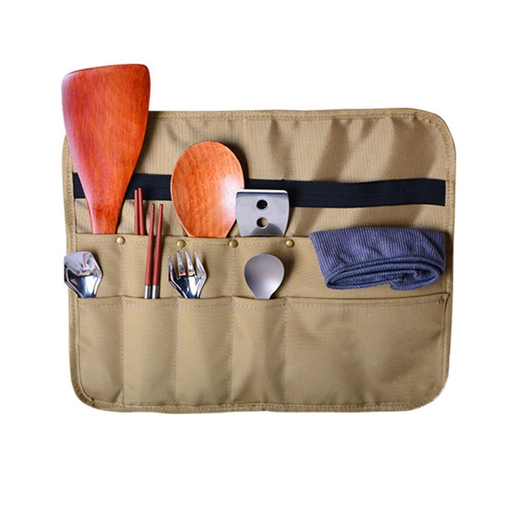 Camping Utensil Bag, Chef Knife Roll Canvas Roll up Culinary Bag Tableware Storage Hanging Knife Pouch Holder for Outdoor Barbecue Activities(Square, Khaki) - Image 2