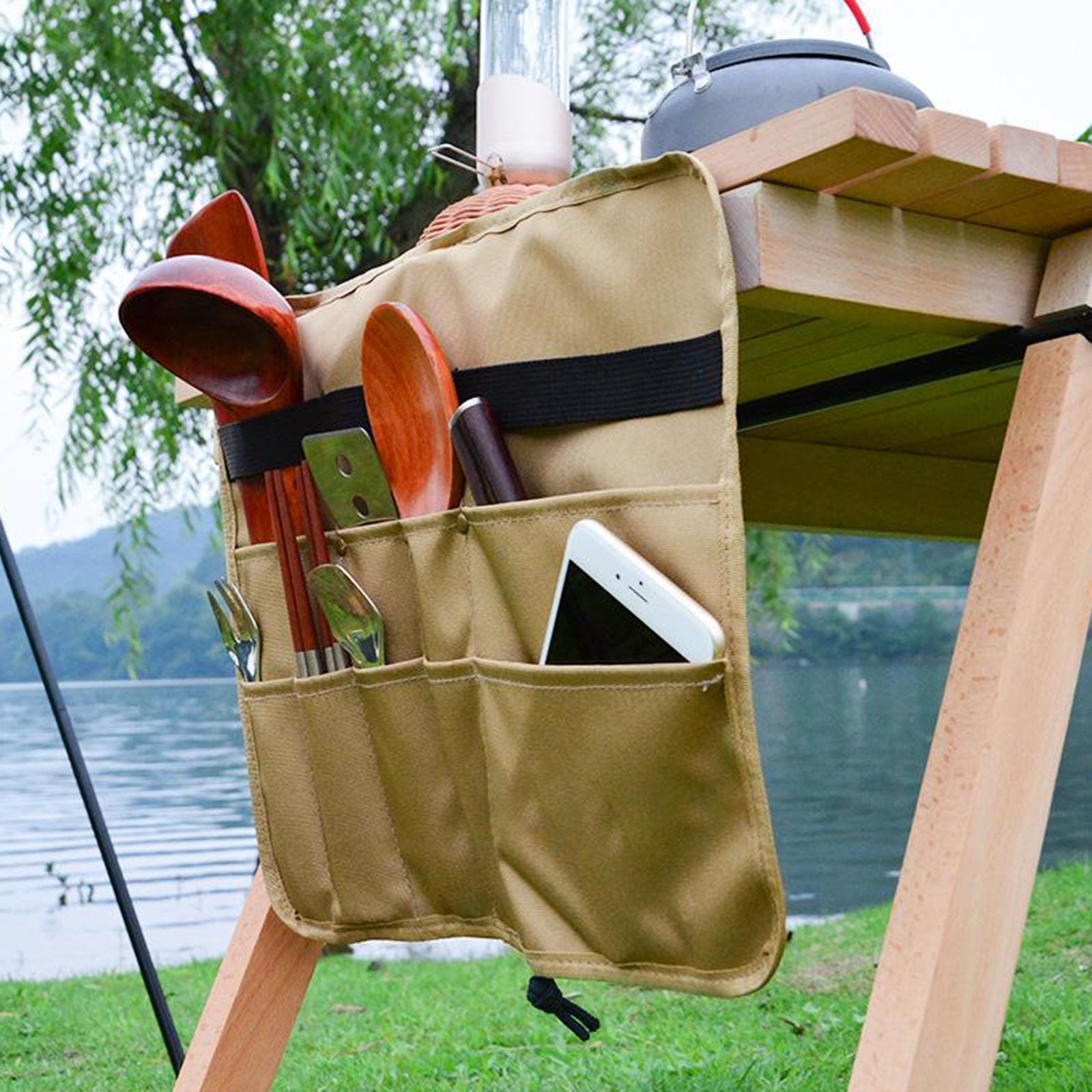 Camping Utensil Bag, Chef Knife Roll Canvas Roll up Culinary Bag Tableware Storage Hanging Knife Pouch Holder for Outdoor Barbecue Activities(Square, Khaki) - Image 3