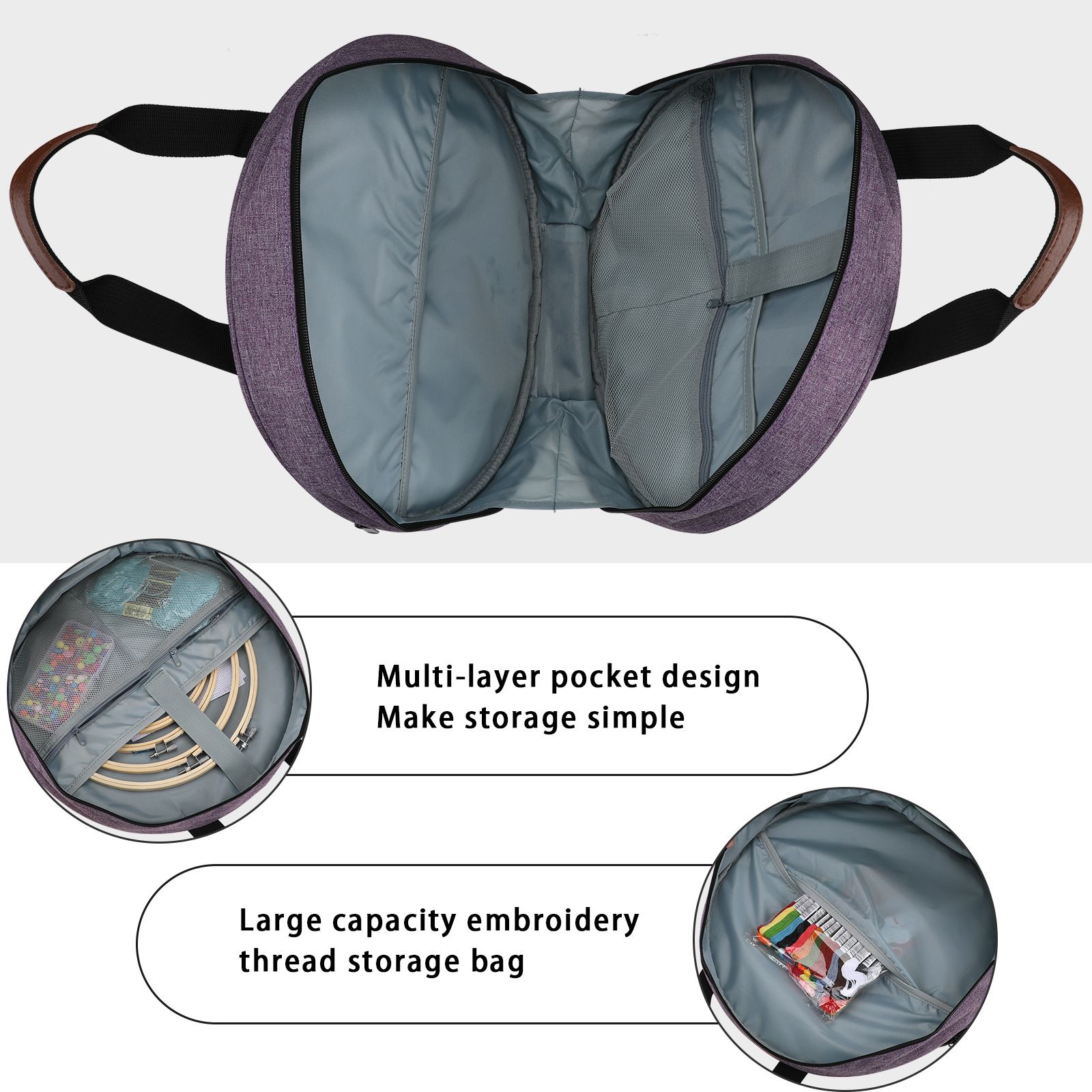 Cross Stitch Storage Bag Purple,Embroidery Projects Bag,Sewing Crafts Storage Tote Bag,Knitting Bags with Zipper Pockets Organiser for Embroidery Hoops(Purple) - Image 3