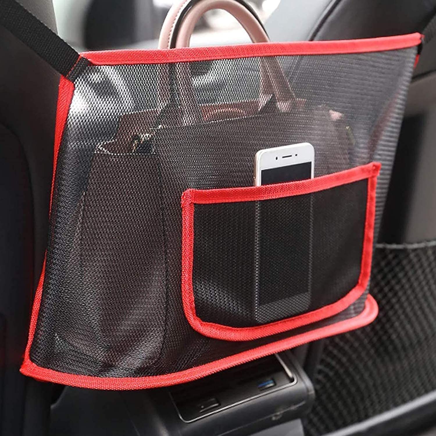2 pack Car Net Pocket Handbag Holder,Car Backseat Organizer,Rear Seat Pet Kid Guardrail,Driver Storage Mesh Bag,Car Net Pocket Organizer For Purse and Bags (Red,Received only 2 storage bags) - Image 1