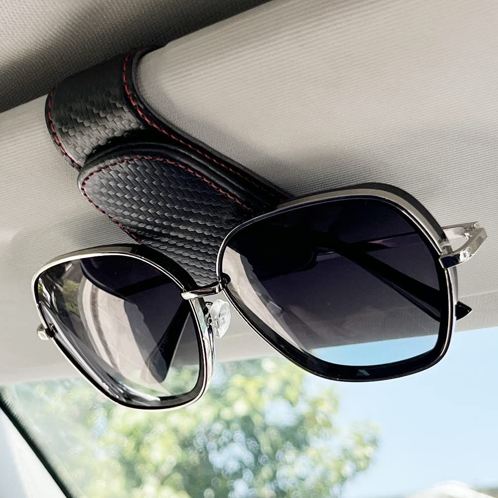 2Pcs Sunglass Holder for Car, Magnetic Leather Eyeglass Hanger Clip for Car Sun Visor, Sunglasses Holder and Ticket Card Clip for Car Visor Accessories (Carbon Fibre Black) - Image 2