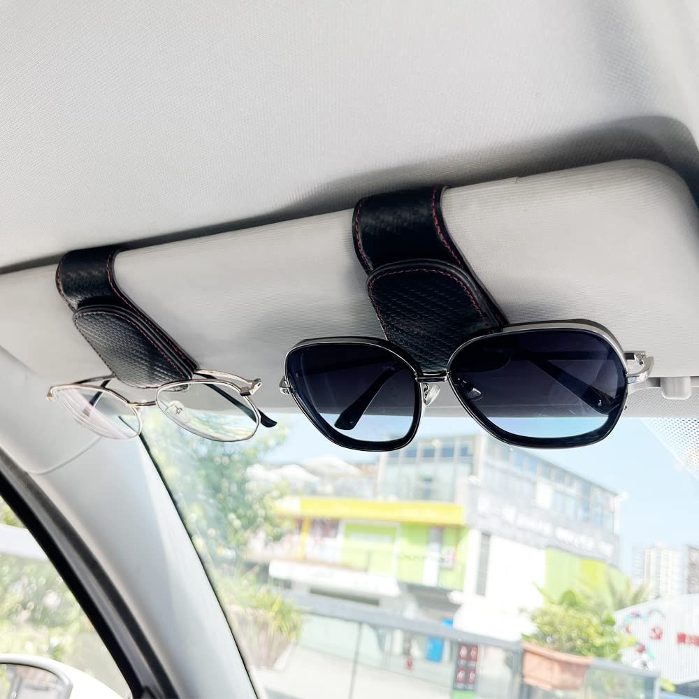 2Pcs Sunglass Holder for Car, Magnetic Leather Eyeglass Hanger Clip for Car Sun Visor, Sunglasses Holder and Ticket Card Clip for Car Visor Accessories (Carbon Fibre Black) - Image 3