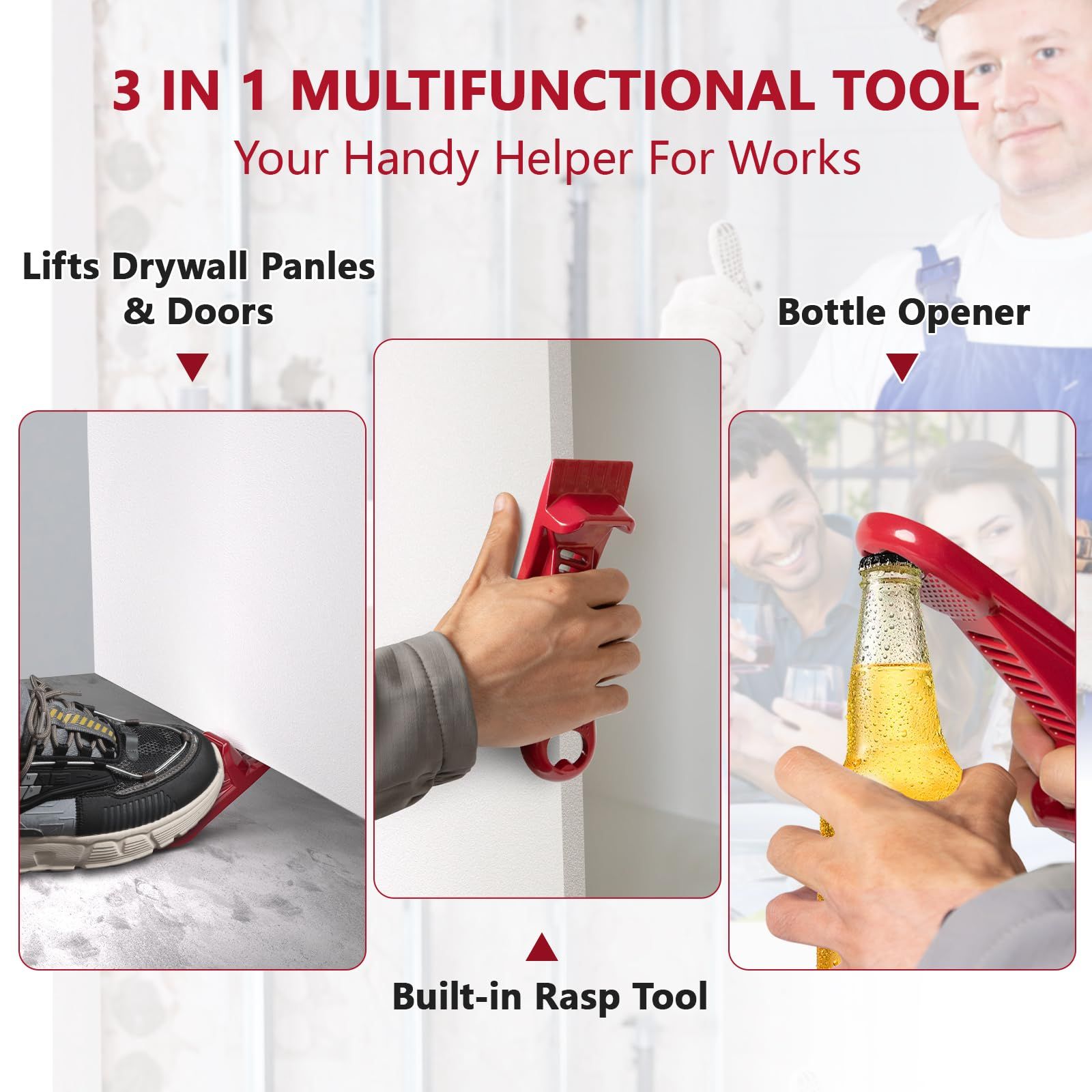 2 pack Drywall Panel Lifter, Drywall Rasp, Drywall Tool Includes Built In Bottle Opener, Lightweight, Non-Clogging Rasp, Door Hanging Tool - Image 4