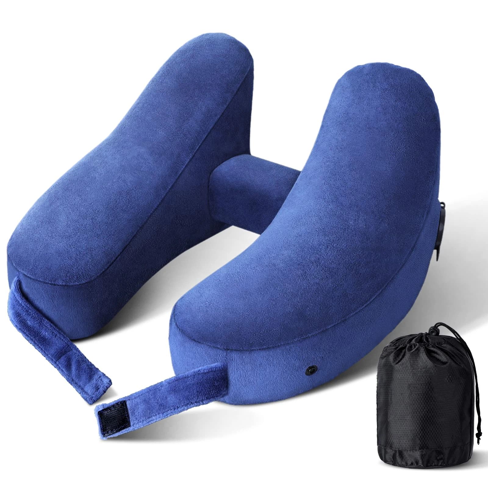 Neck Pillow for Travel Inflatable Airplane Pillow Comfortably Supports Head, Neck and Chin, Inflatable Travel Pillow with Soft Velour Cover and Portable Drawstring Bag (Blue) - Image 1