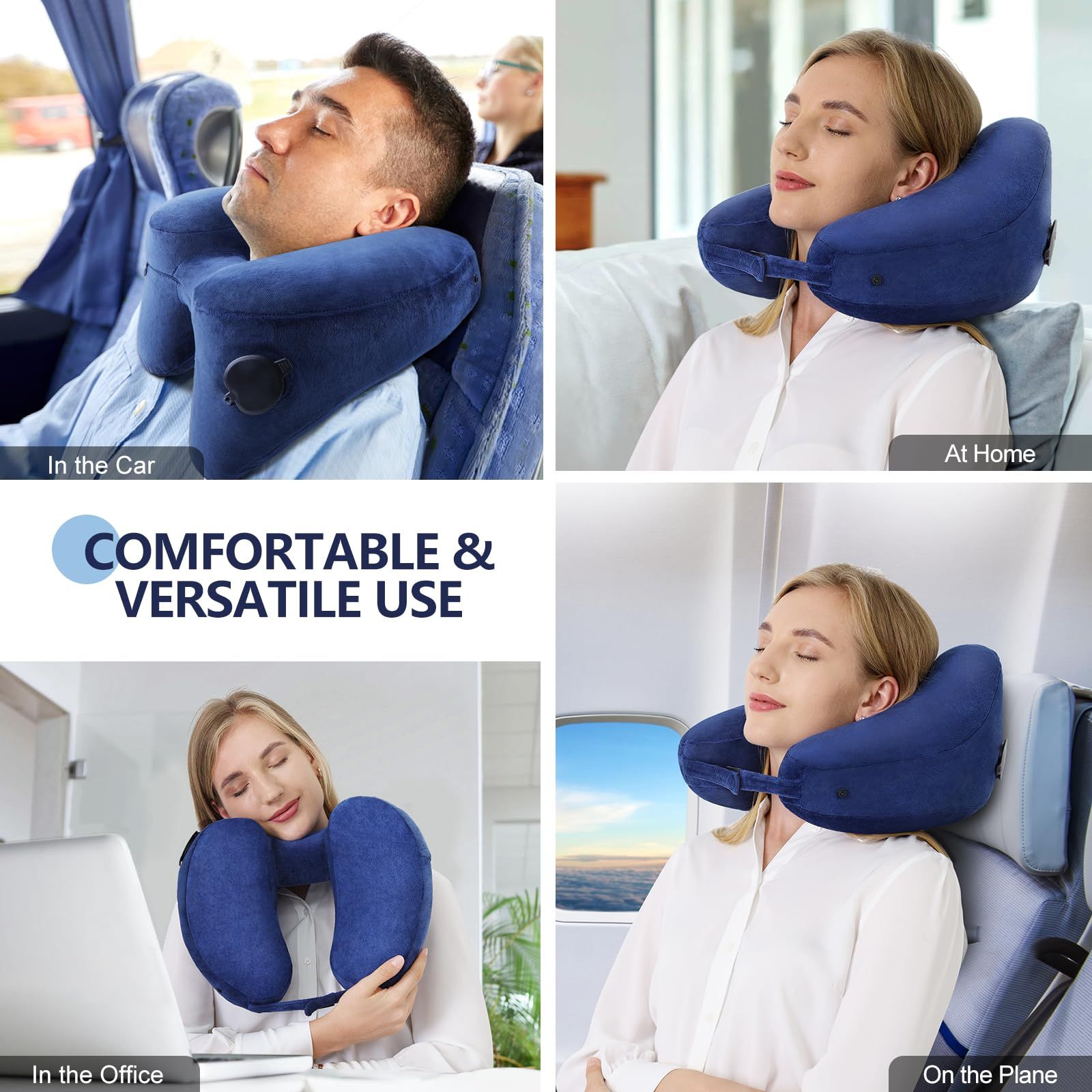 Neck Pillow for Travel Inflatable Airplane Pillow Comfortably Supports Head, Neck and Chin, Inflatable Travel Pillow with Soft Velour Cover and Portable Drawstring Bag (Blue) - Image 2