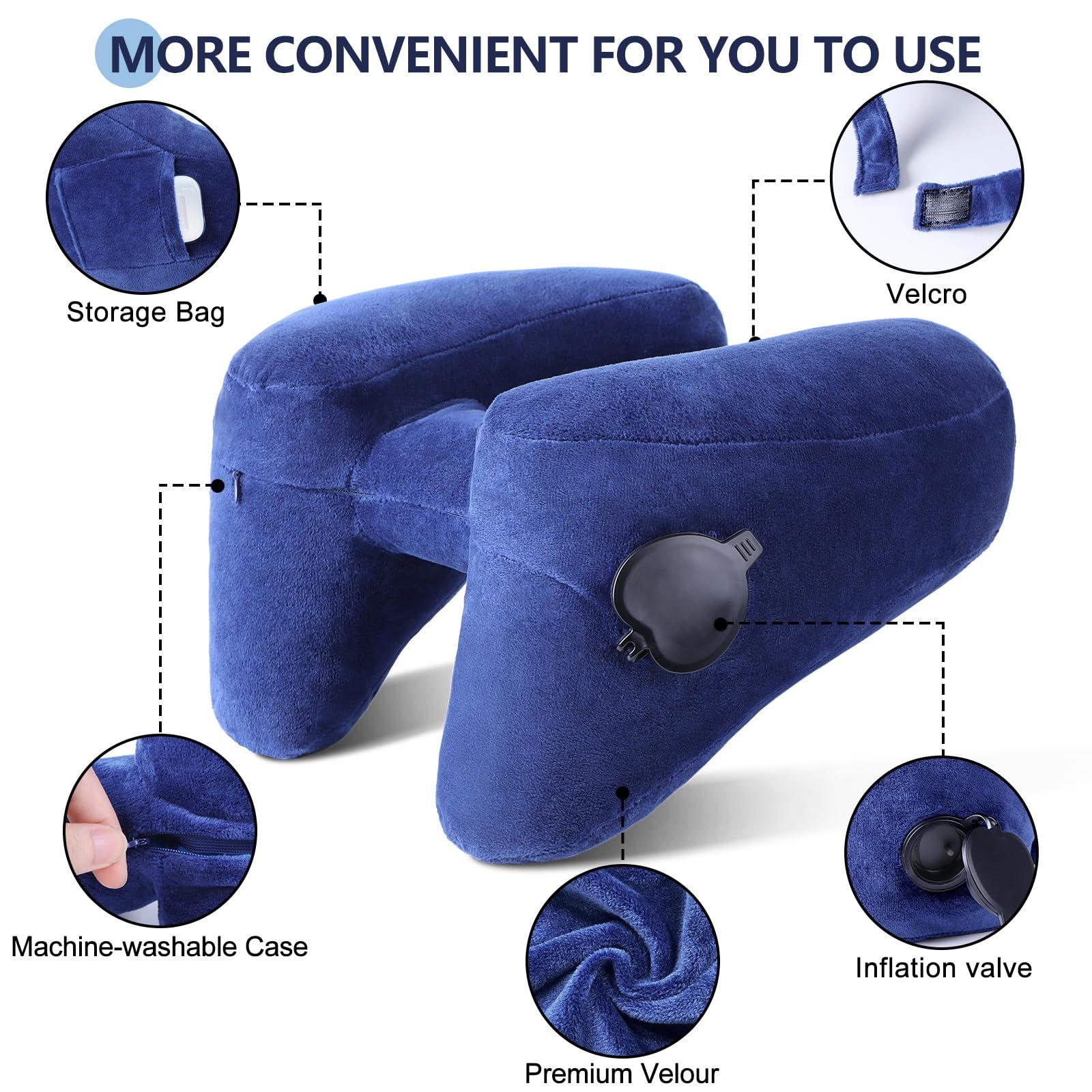 Neck Pillow for Travel Inflatable Airplane Pillow Comfortably Supports Head, Neck and Chin, Inflatable Travel Pillow with Soft Velour Cover and Portable Drawstring Bag (Blue) - Image 3