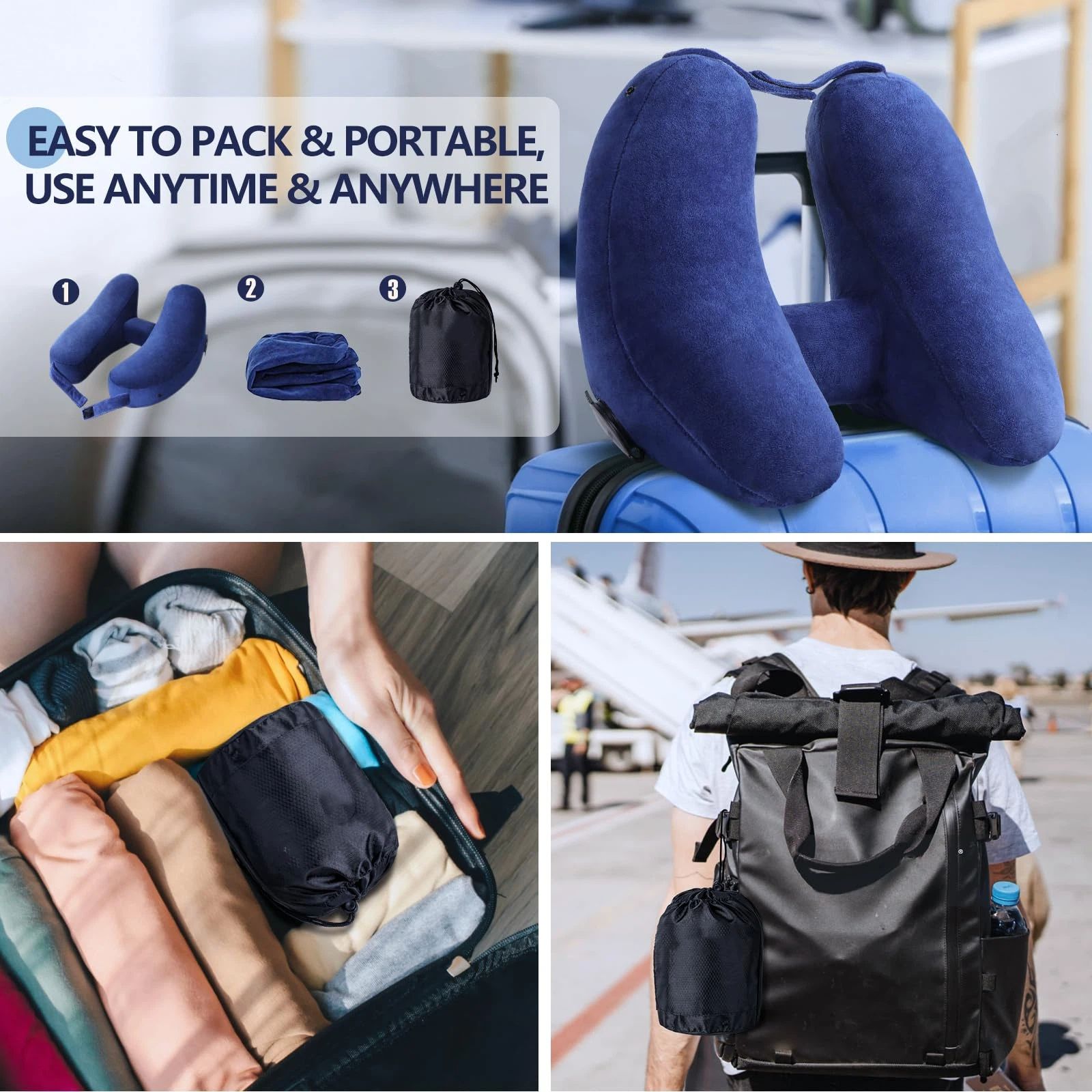 Neck Pillow for Travel Inflatable Airplane Pillow Comfortably Supports Head, Neck and Chin, Inflatable Travel Pillow with Soft Velour Cover and Portable Drawstring Bag (Blue) - Image 4